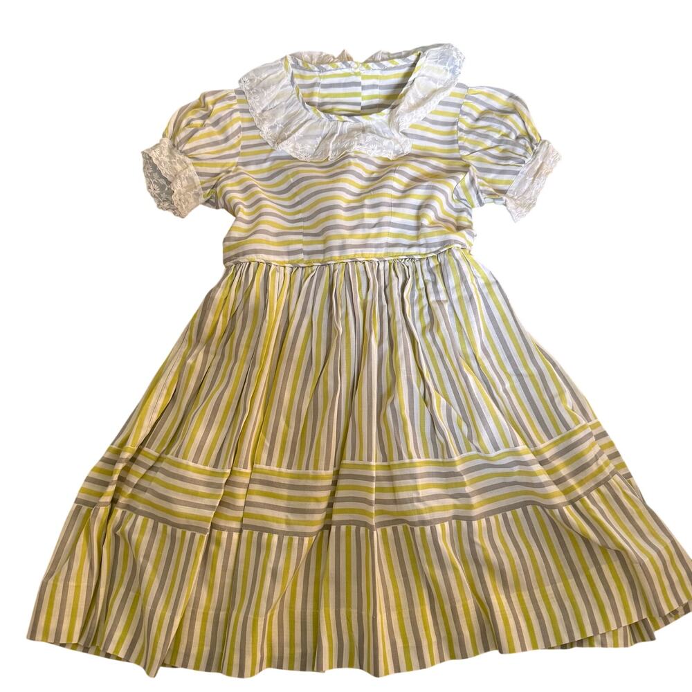 Vintage girls dress, chartreuse, gray striped, lace collar and sleeve trim, 6